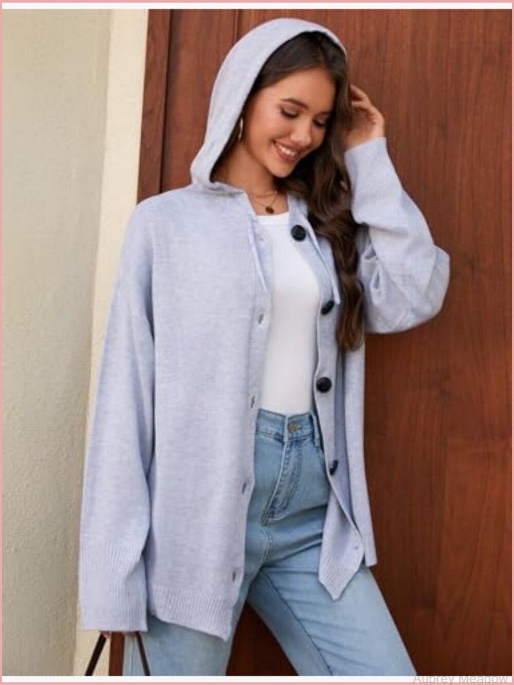 V Neck Button Down Hooded Knit Cardigan Long Sleeve Sweater - Picture 3 of 7